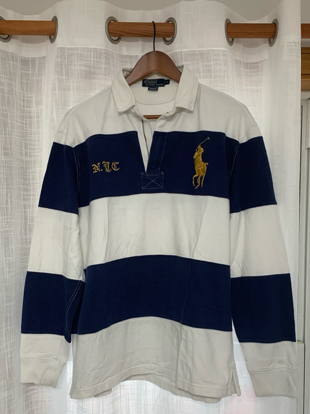 Ralph Lauren Men's Navy and White Striped Rugby Polo with Gold Pony Oversized